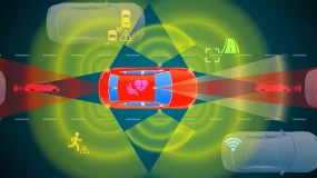 A cartoon car with rings around it, signifying the ADAS systems detecting the surroundings