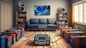 A living room with a car audio system set up in it