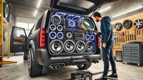 A man looking at various car audio speakers, amplifiers and equipment in the back of a van