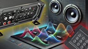 A mixture of various car audio speakers, devices and sound graphs